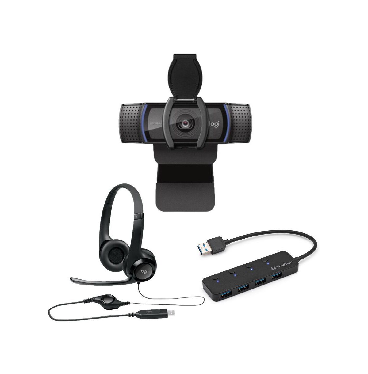 Logitech C920S Pro Stream Webcam W/ Logitech H390 Headset & Knox 4-Port Usb Hub - Black