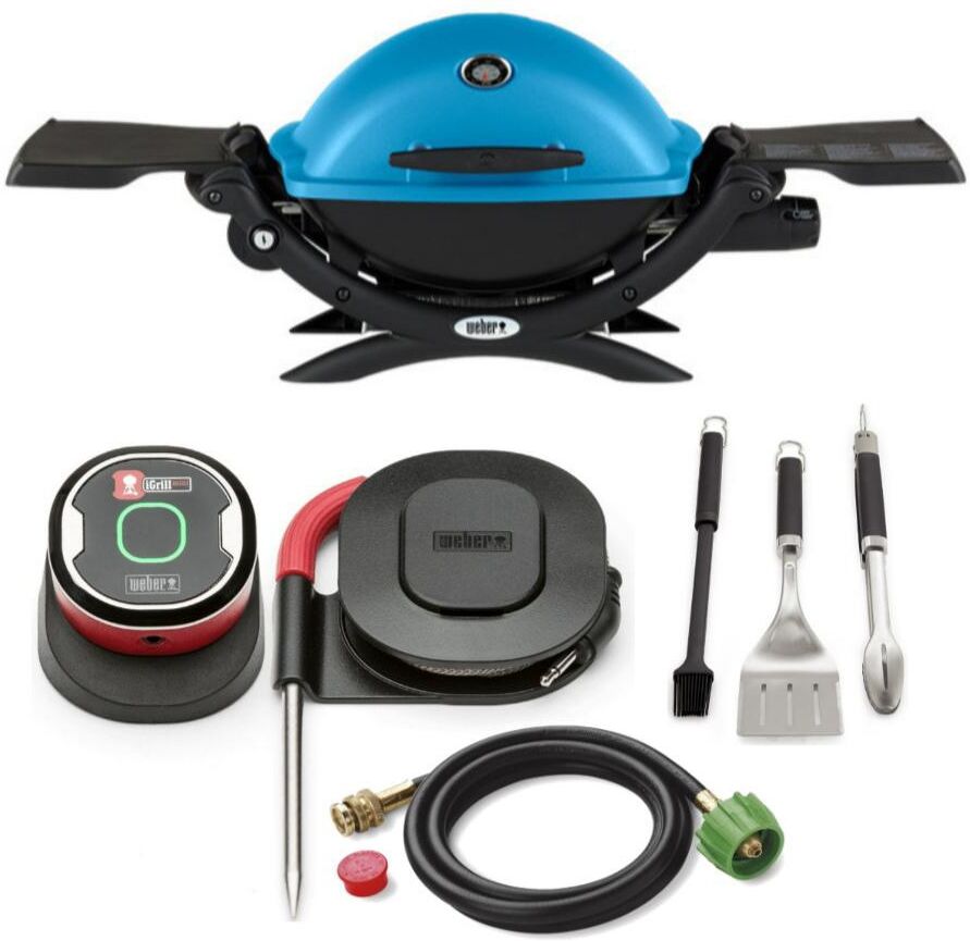 Weber Q 1200 Gas Grill (Blue) With Adapter Hose, Thermometer And Tool - Blue