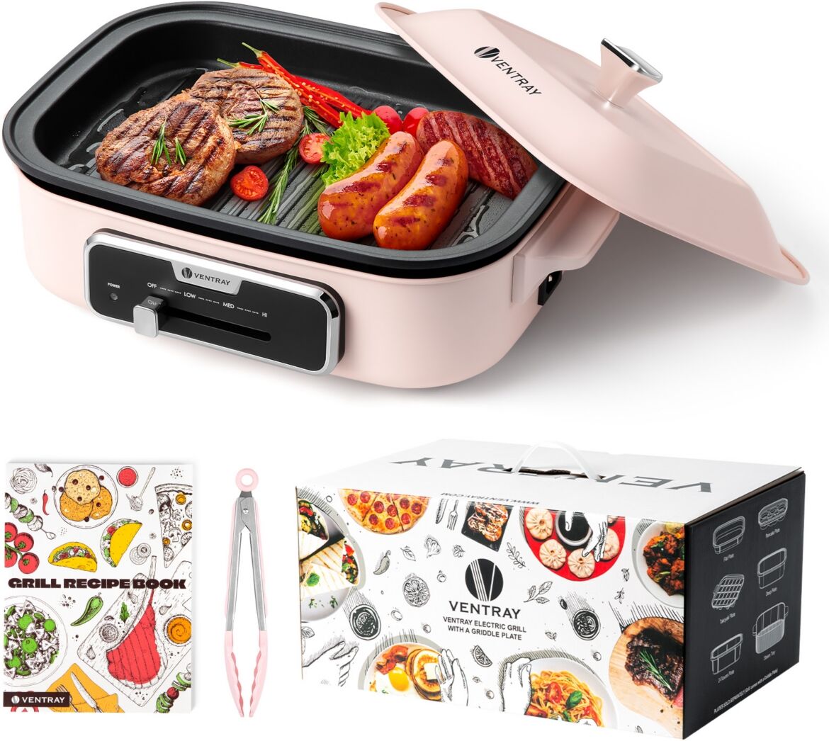 Ventray Classic 2.0 Indoor Electric Grill, Portable Korean Bbq Grill with Removable Griddle Plate - Pastel Pink