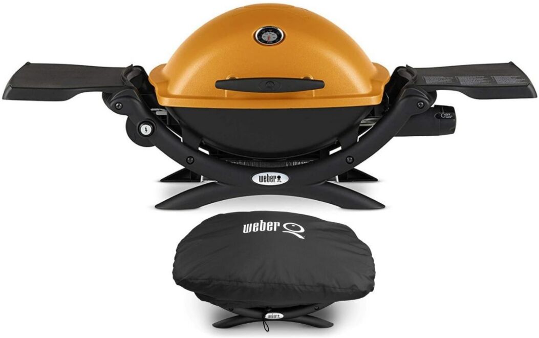 Weber Q1200 Liquid Propane Grill (Orange) With Grill Cover - Orange