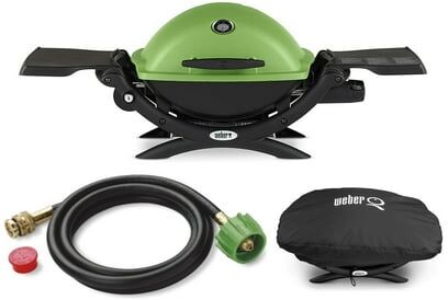 Weber Q 1200 Liquid Propane Grill Green With Adapter Hose And Grill Cover - Green