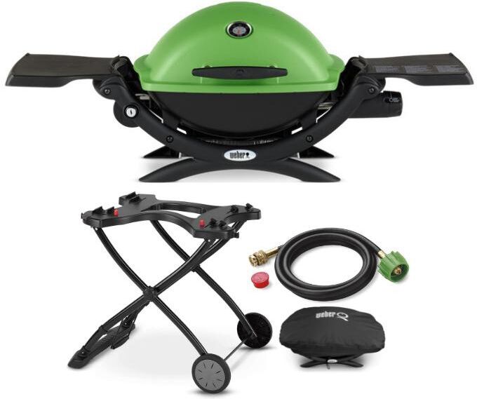 Weber Q 1200 Liquid Propane Grill (Green) with Portable Cart Bundle - Green