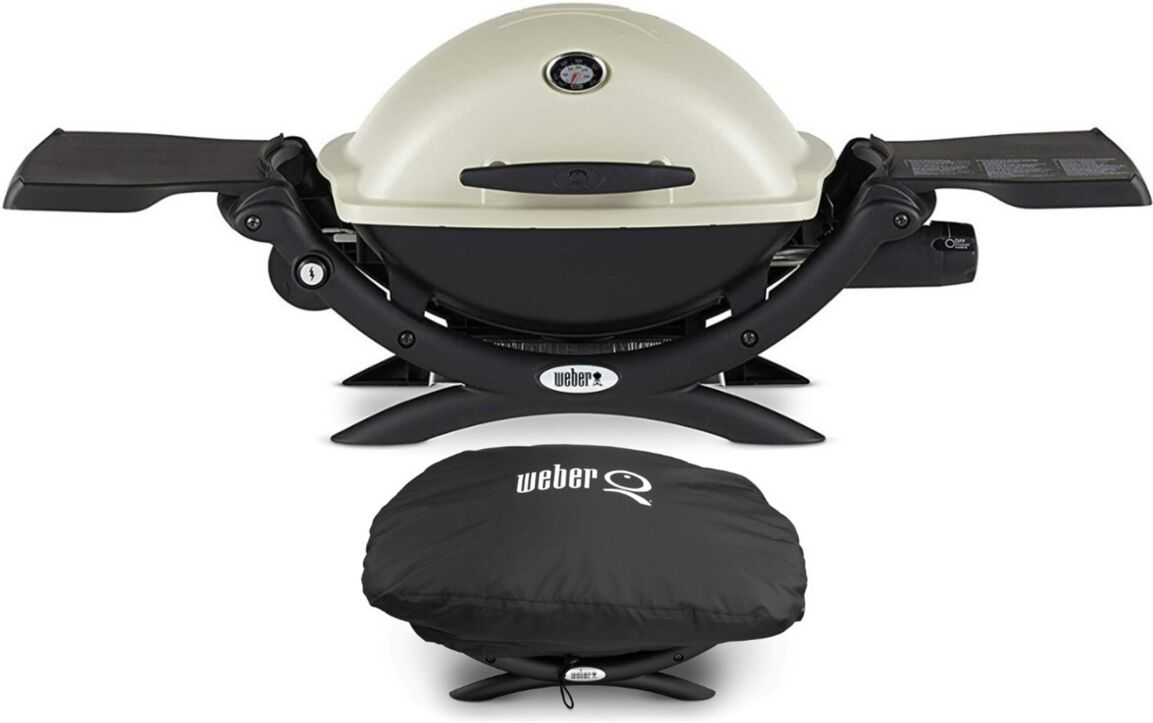 Weber Q1200 Liquid Propane Grill (Titanium) With Grill Cover - White