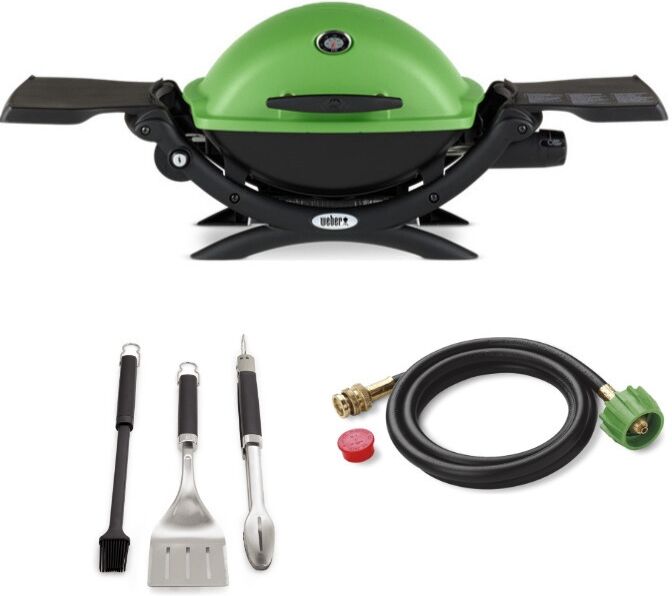 Weber Q 1200 Gas Grill (Green) With Adapter Hose And 3-Piece Grill Set - Green