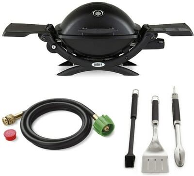 Weber Q 1200 Gas Grill (Black) With Adapter Hose And 3-Piece Grilling Tool Set - Black