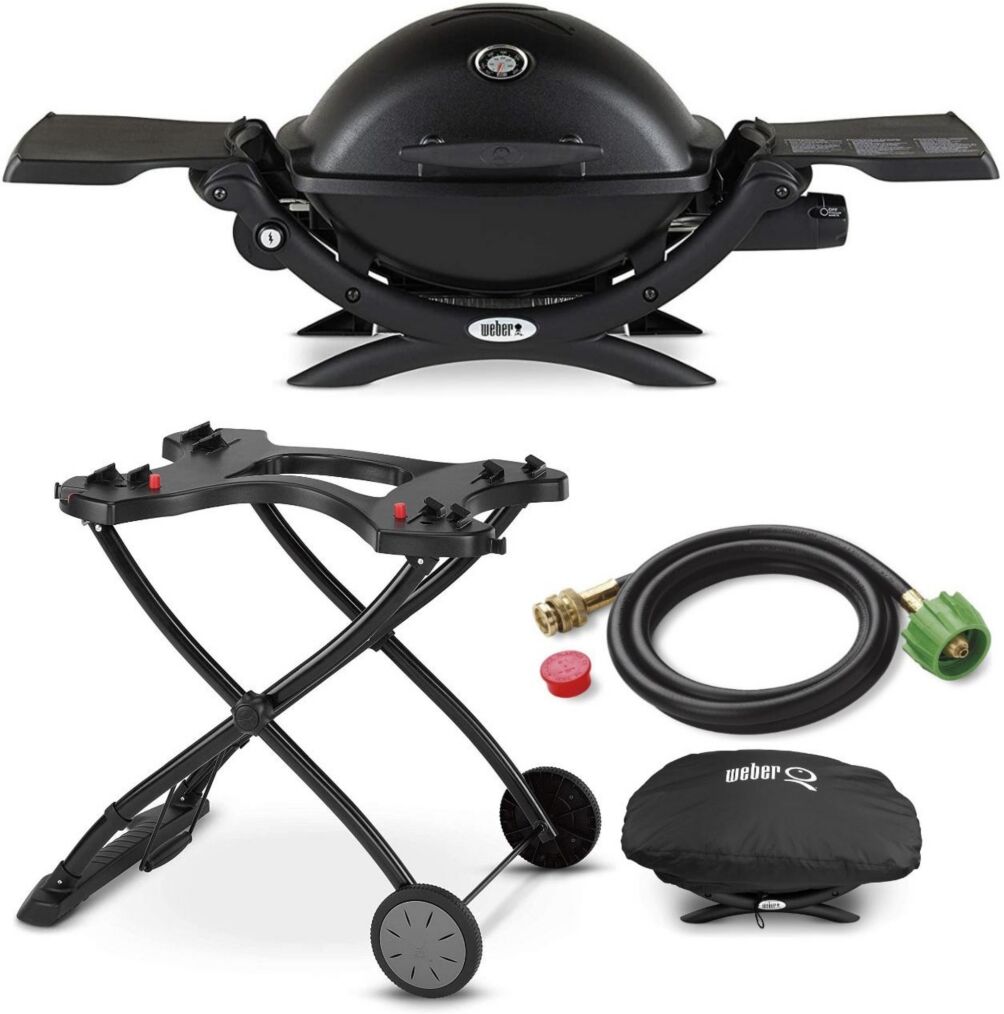 Weber Q1200 Liquid Propane Grill (Black) with Portable Cart, Adapter Hose Bundle - Black