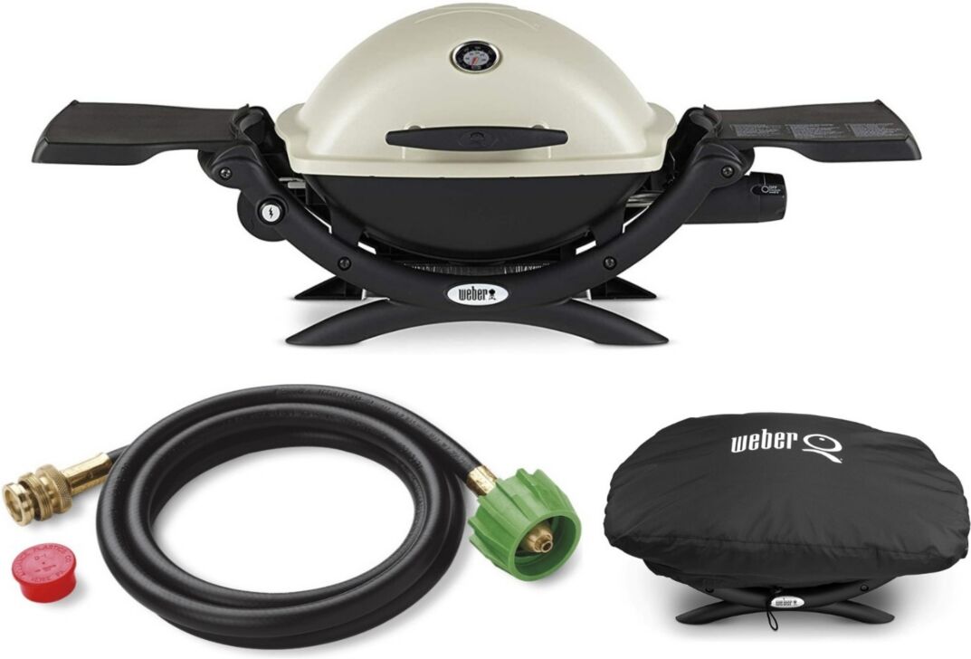 Weber Q1200 Liquid Propane Grill Titanium With Adapter Hose And Grill Cover - White