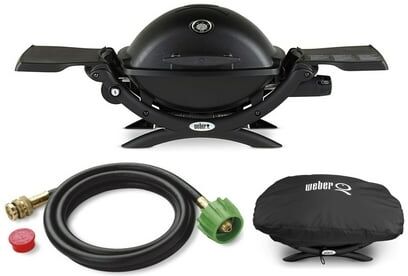 Weber Q1200 Liquid Propane Grill (Black) With Adapter Hose And Grill Cover - Black