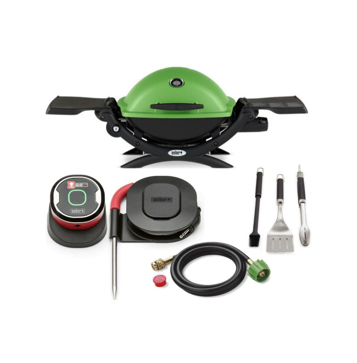 Weber Q 1200 Gas Grill (Green) With Adapter Hose, Thermometer And Tool - Green