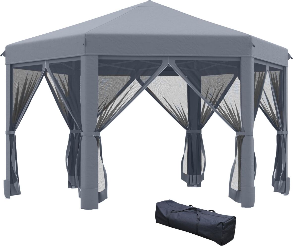 Outsunny 13' x 13' Heavy Duty Pop Up Canopy with Hexagonal Shape, 6 Mesh Sidewall Netting, 3-Level Adjustable Height and Strong Steel Frame, Grey - Da