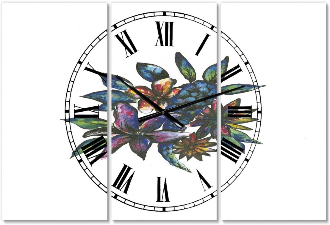 Designart Tropical Flowers Large Cottage 3 Panels Wall Clock - 23