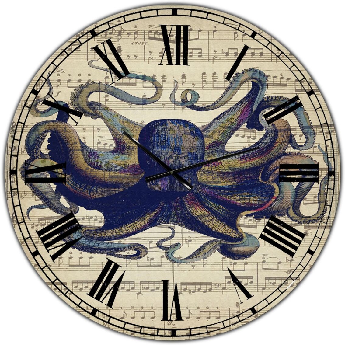 Designart Octopus Music Score I Oversized Nautical & Coastal Wall Clock - 36 x 36 - Blue