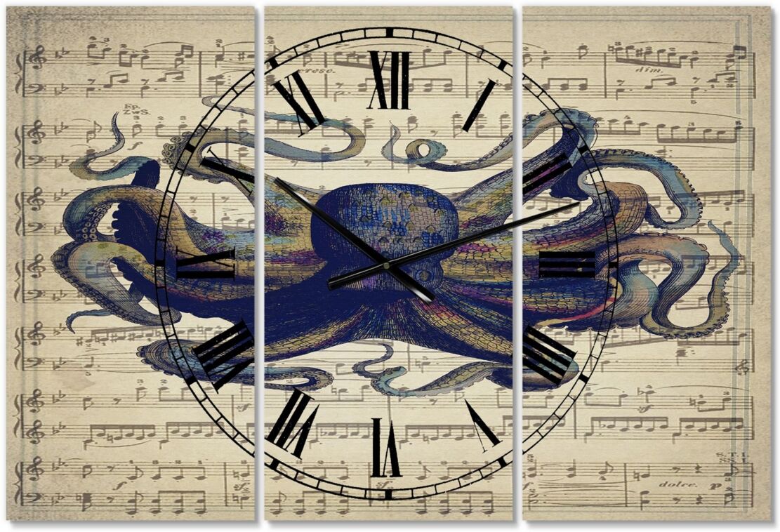 Designart Octopus Music Score I Oversized Nautical & Coastal 3 Panels Wall Clock - 38