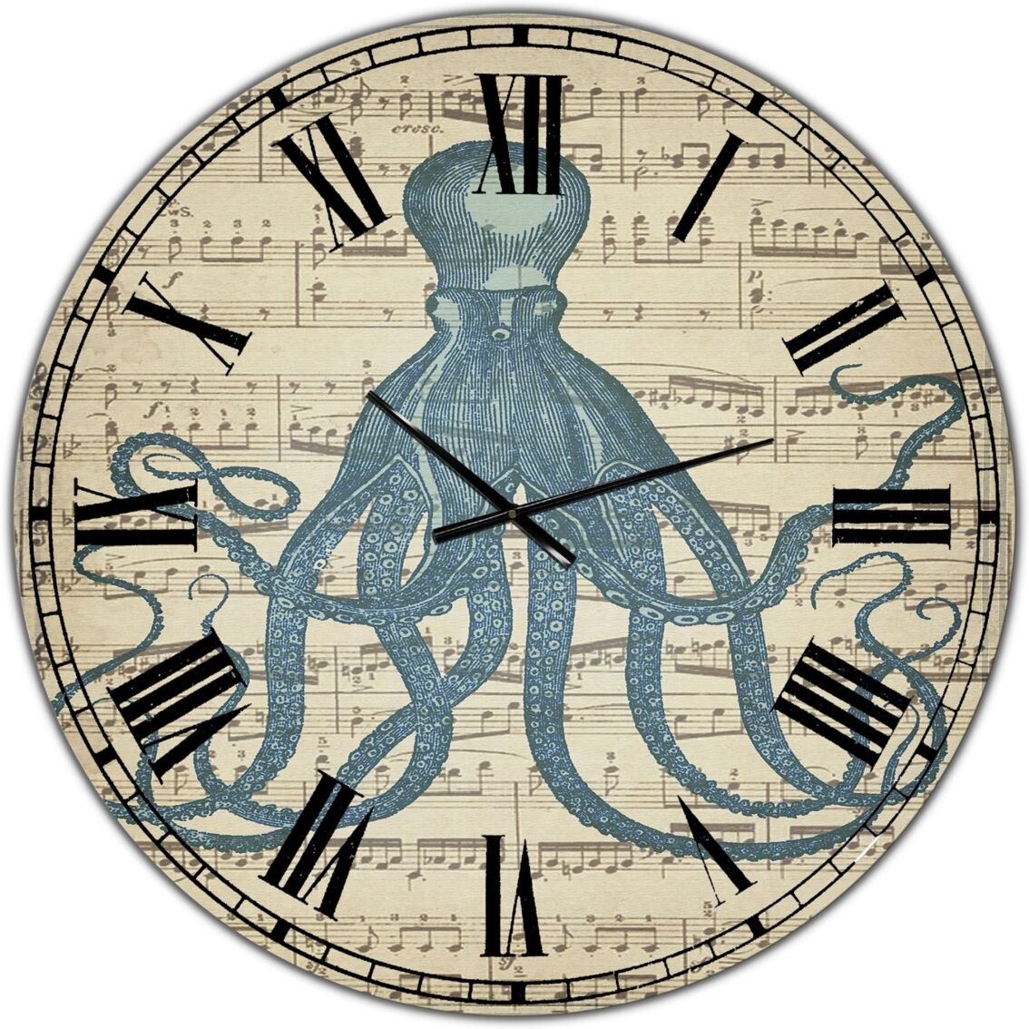 Designart Octopus Music Score Ii Large Nautical & Coastal Wall Clock - 36 x 36 - Blue