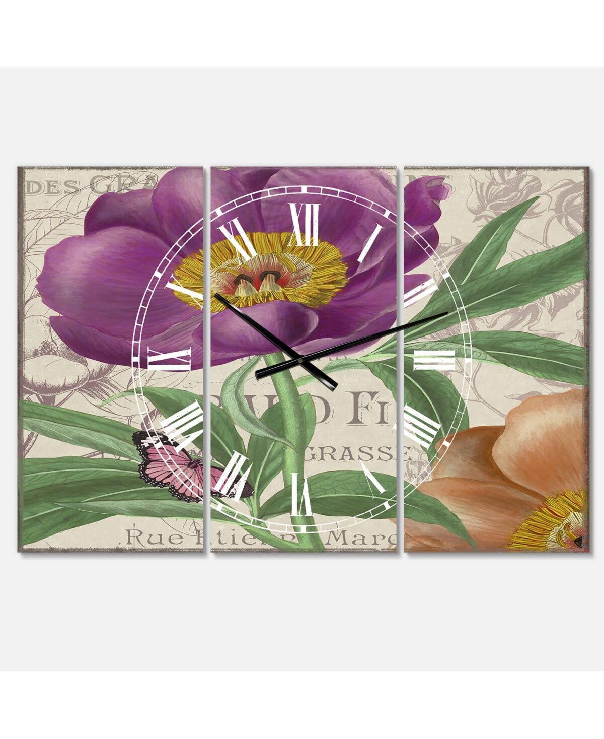 Designart Vintage-Inspired Flowers Iv Large Cottage 3 Panels Wall Clock - 23