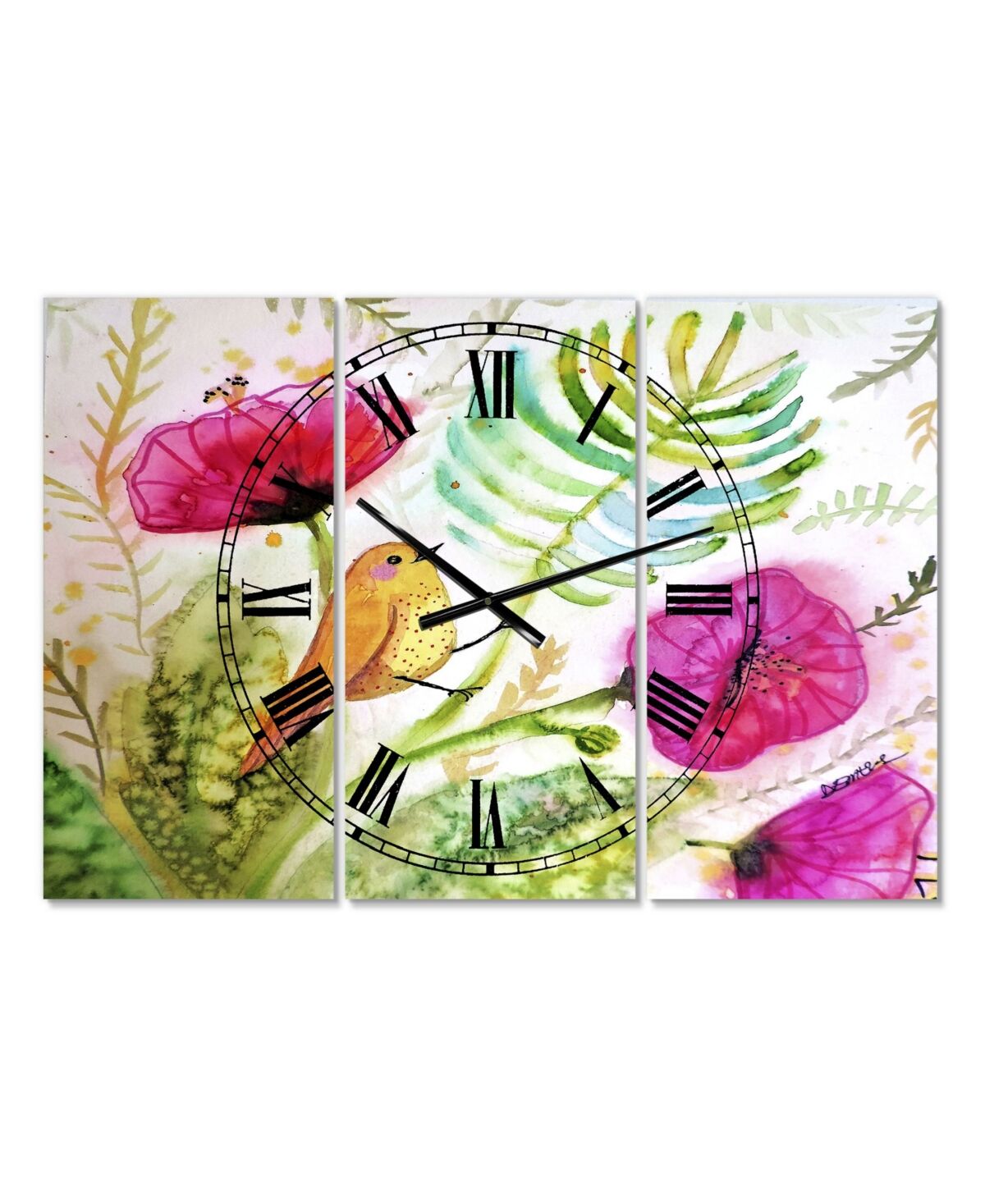Designart Watercolor Singing Bird On Purple Flowers Large Cottage 3 Panels Wall Clock - 23