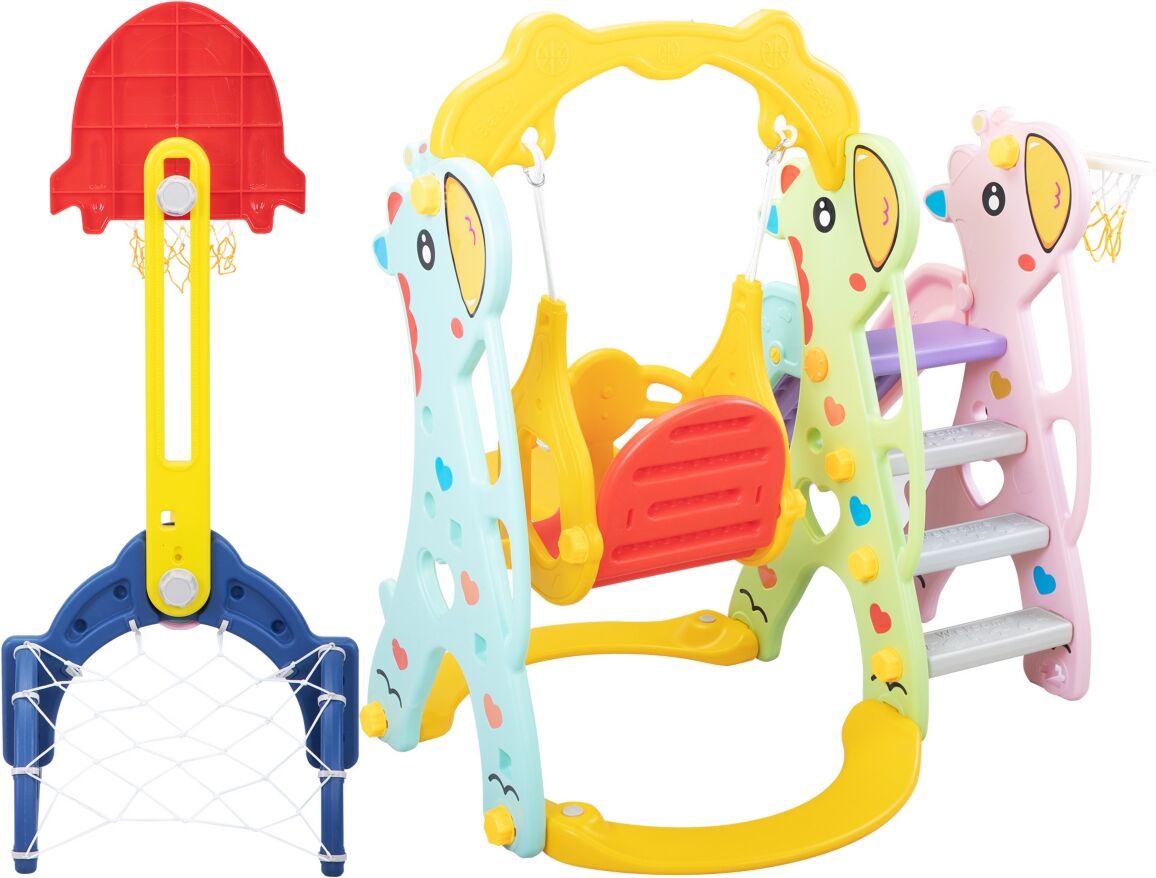 Simplie Fun 5 in 1 Slide and Swing Playing Set, Toddler Extra-Long Slide with 2 Basketball Hoops, Football, Ringtoss, Indoor Outdoor - Open Miscellaneous