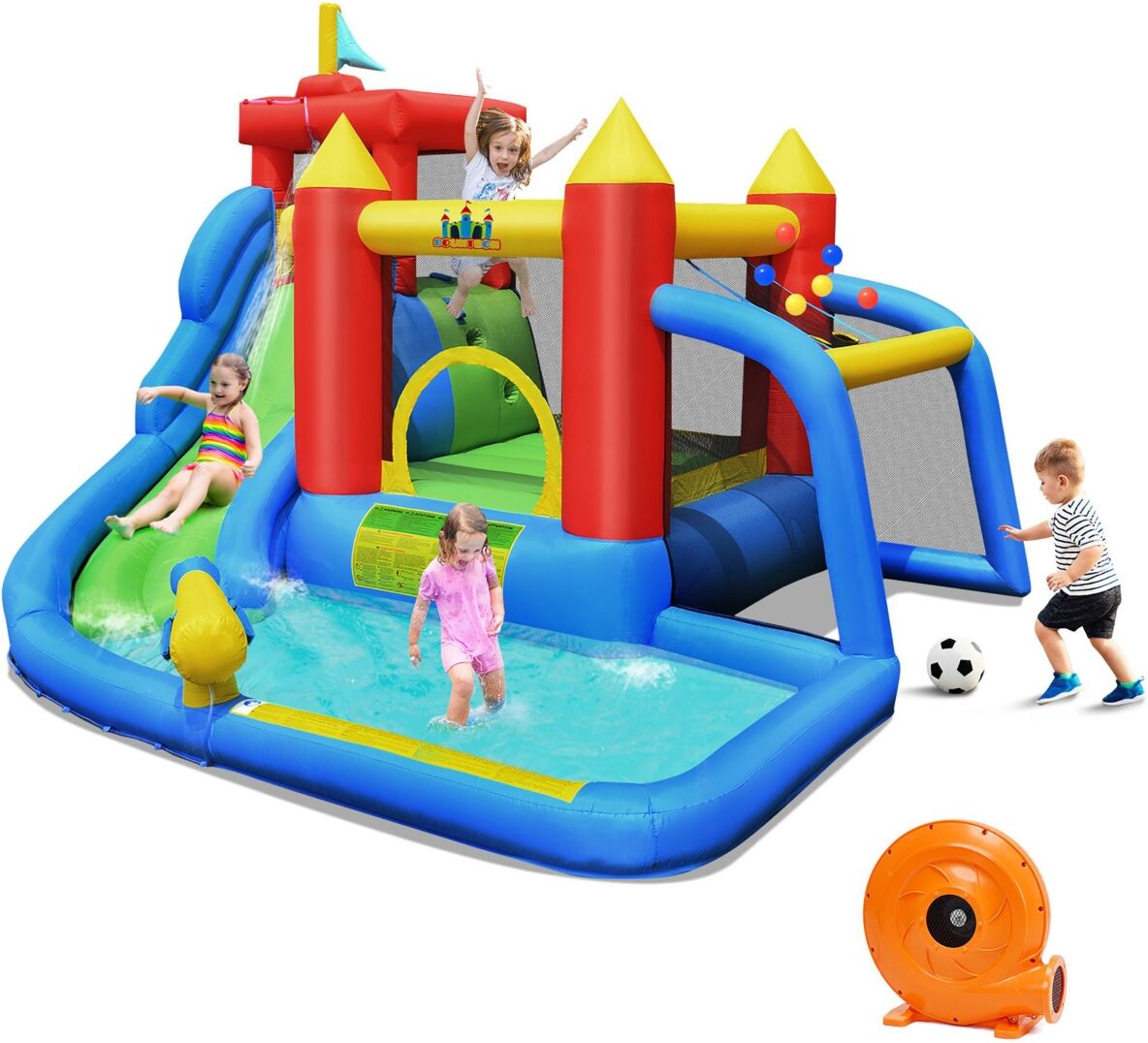 Costway Inflatable Bouncer Water Climb Slide Bounce House Splash Pool Blower - Blue