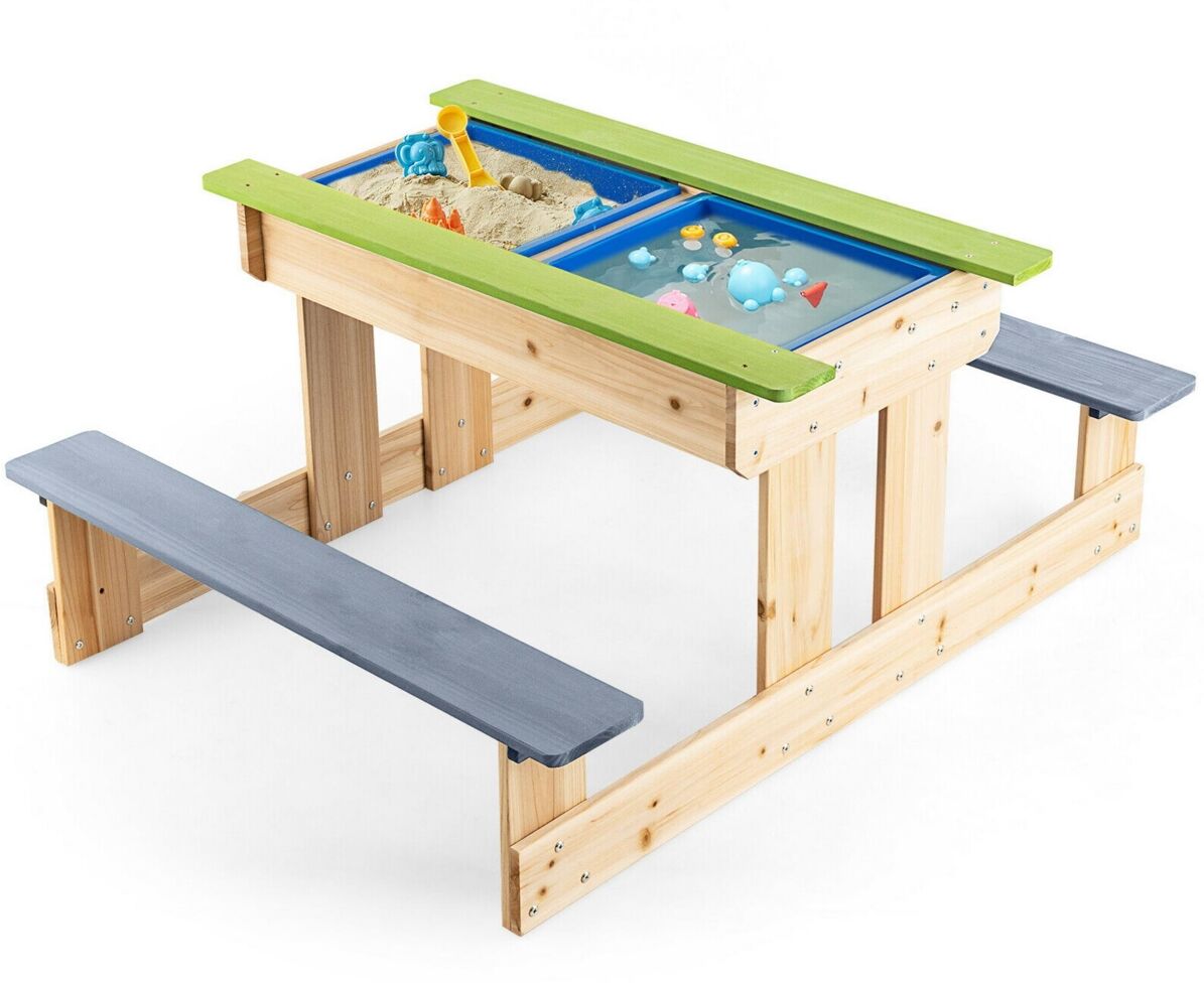 Costway 3-in-1 Kids Picnic Table Outdoor Wooden Water Sand Table w/ Play Boxes - Natural