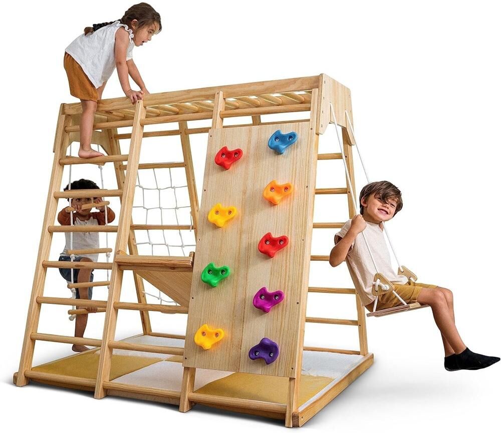 Avenlur Magnolia Indoor Playground 7-in-1 Jungle Gym Montessori Waldorf Style Wooden Climber Play set Slide, Rock Climbing Wall, Rope Wall Climber, Mo