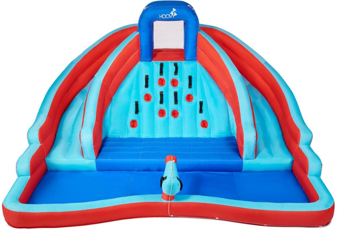 Hoovy Giant Double Water Slide with Climbing Wall   6.5 Ft x 13 Ft x 11 Ft   Inflatable Double Water Slide with Pool Area   Heavy Duty Easy to Set Up   Incl