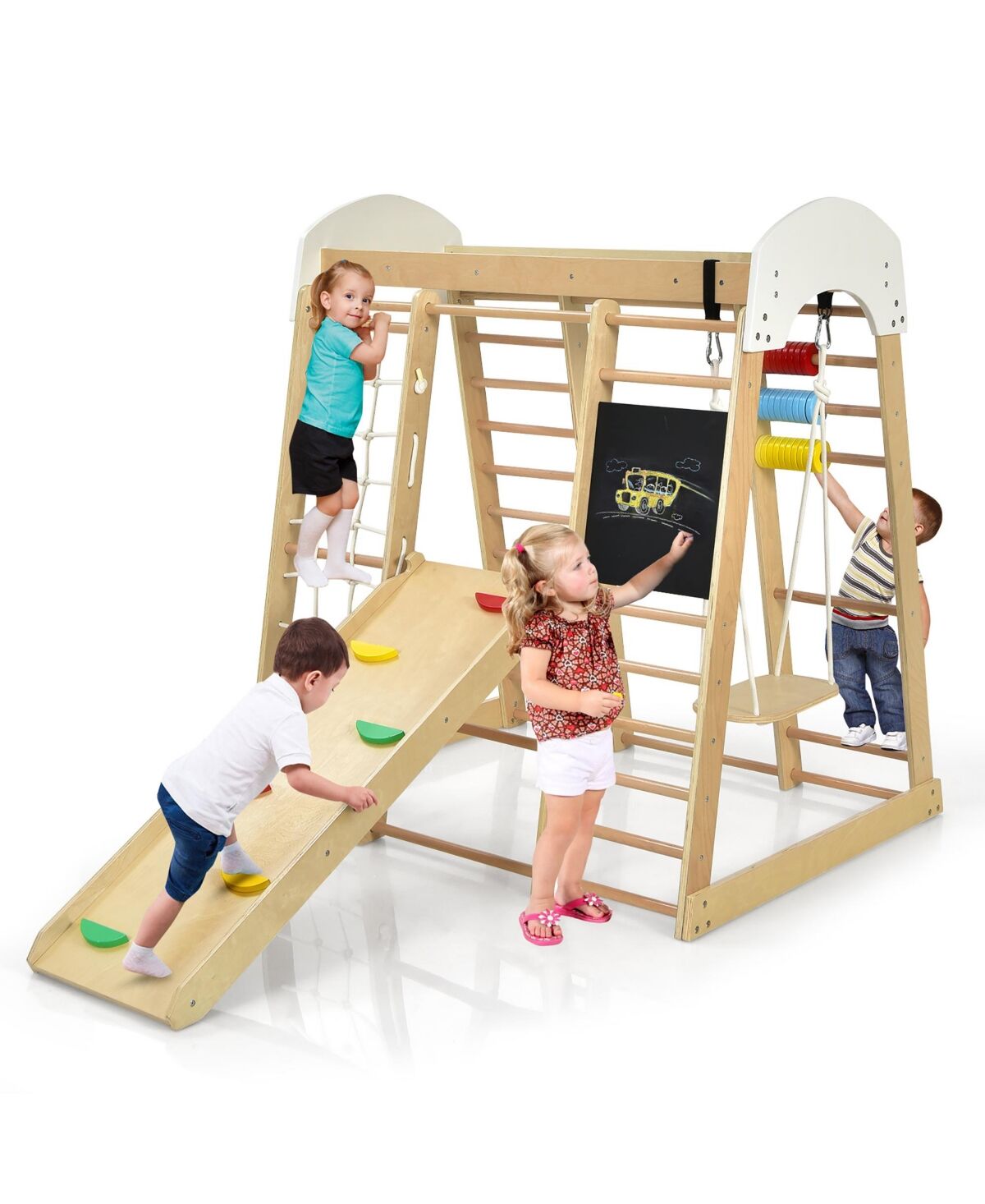 Costway Indoor Playground Climbing Gym Kids Wooden 8 in 1 Climber Playset for Children - Yellow