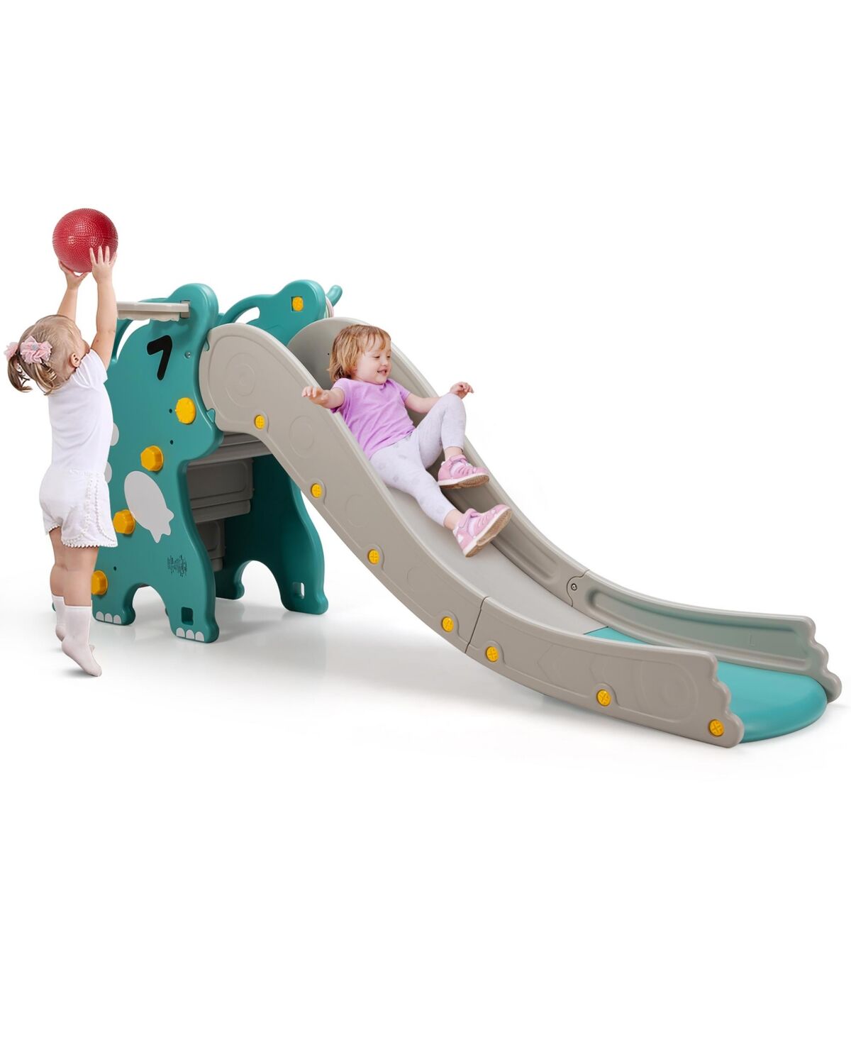 Costway 4 in 1 Kids Climber Slide Play Set w/Basketball Hoop & Toss Toy Indoor & Outdoor - Grey