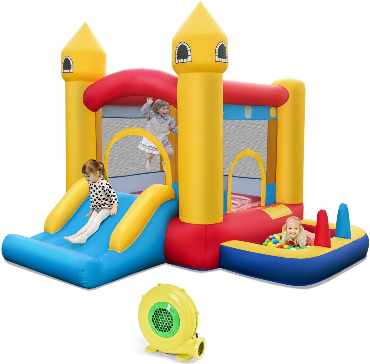 Costway Kids Bouncy Castle with Slide & Ball Pit Pool Ocean Balls & 480W Blower Included - Yellow