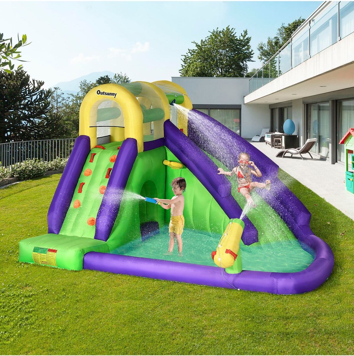 Outsunny 5-in-1 Inflatable Water Slide, Kids Castle Bounce House Includes Slide, Basket, Pool, Water Gun, Climbing Wall with Carry Bag, Repair Patches