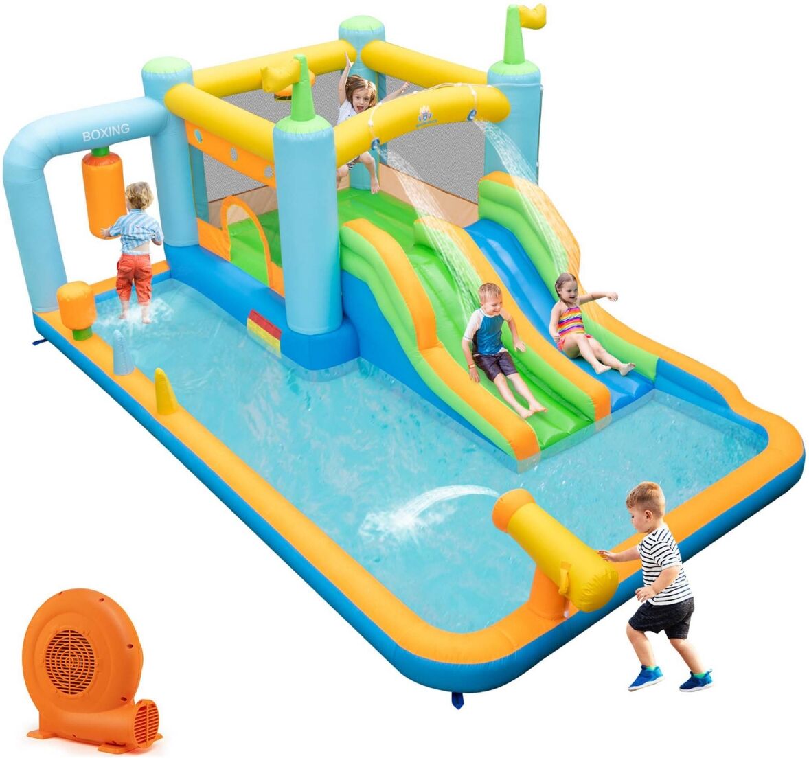 Costway Inflatable Water Slide Giant Kids Bounce House Park Splash Pool with 750W Blower - Blue