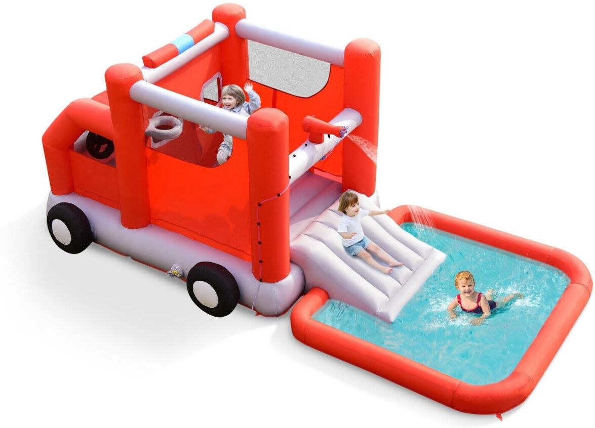 Sugift Fire Truck Themed Inflatable Castle Water Park Kids Bounce House without Blower - Open Miscellaneous