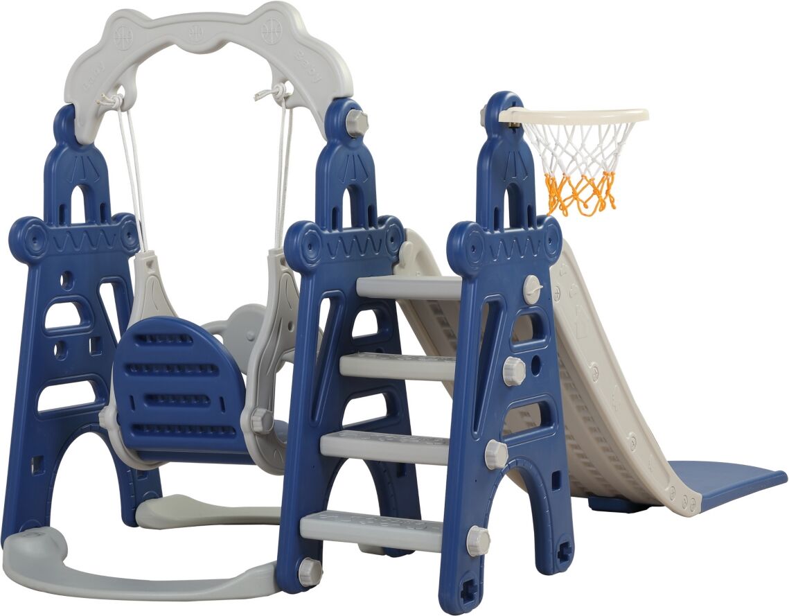 Simplie Fun Kids Swing and Slide Set 3-in-1 Slide with Basketball Hoop for Indoor and Outdoor Activity Center, Blue+Gray - Open Miscellaneous