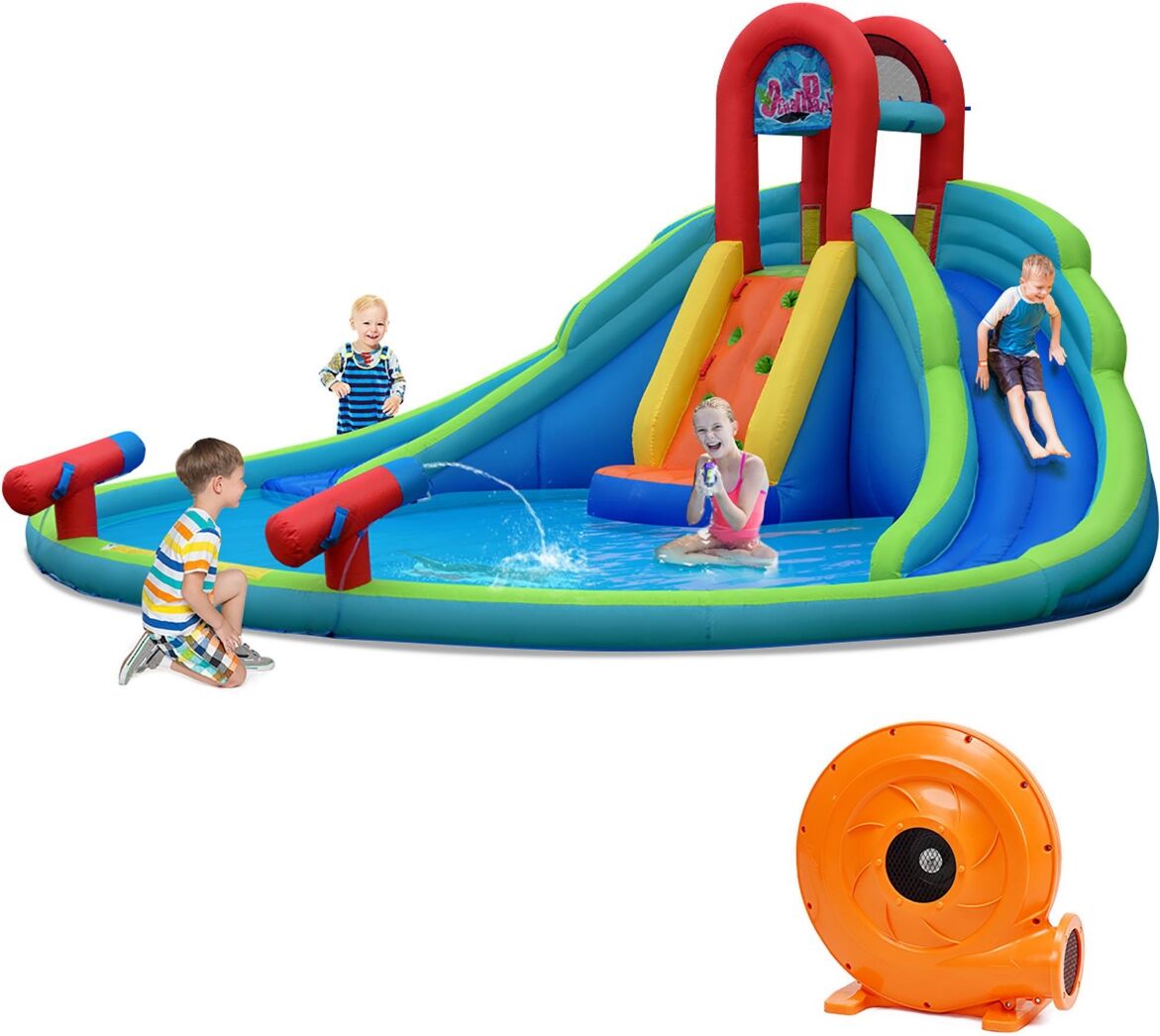 Costway Inflatable Bounce House Water Splash Pool Dual Slide Climbing Wall - Blue