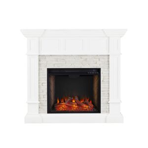 Southern Enterprises Lehigh Faux Stone Alexa-Enabled Corner Convertible Electric Fireplace - White