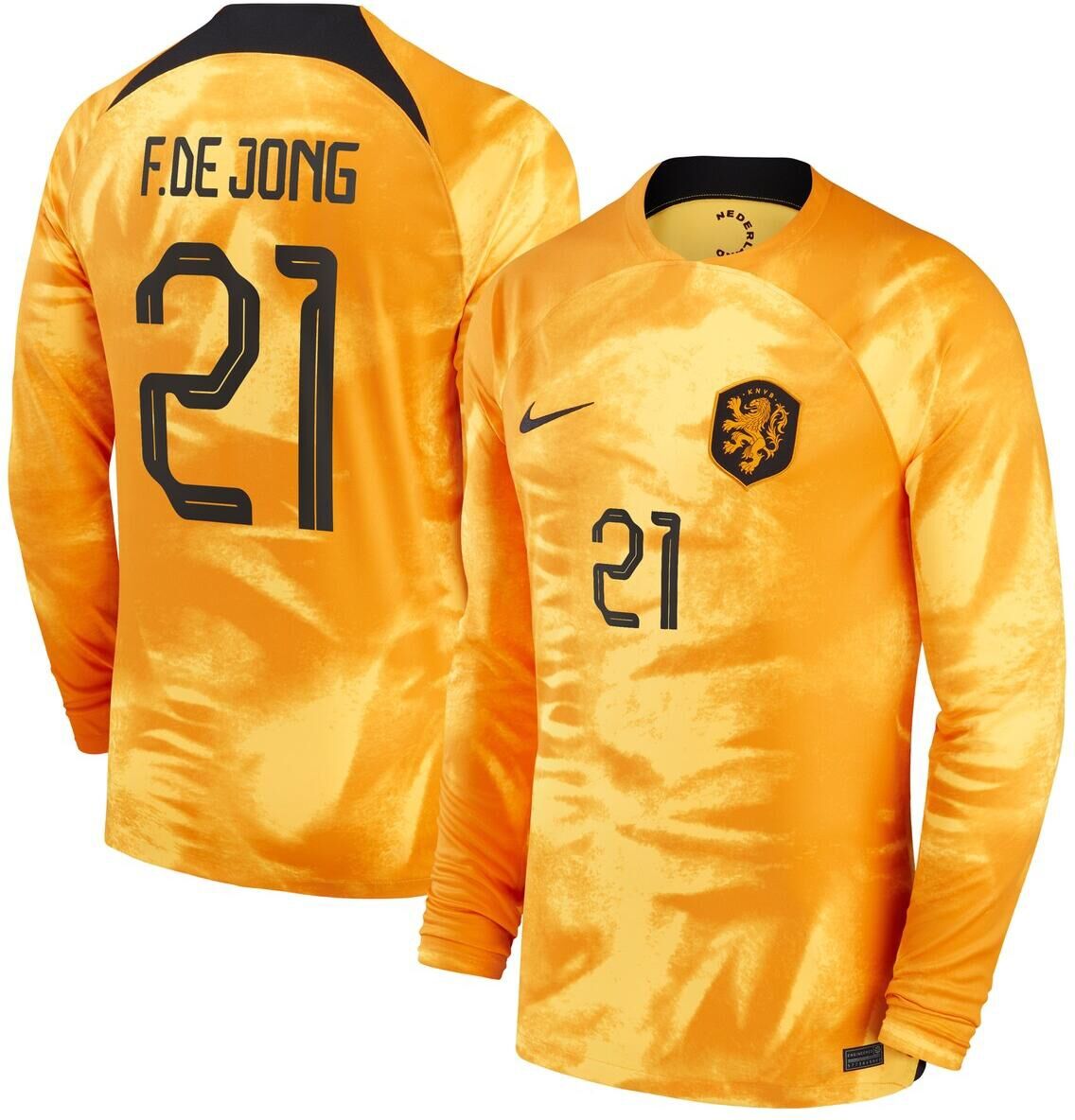 Nike Men's Nike Frenkie de Jong Orange Netherlands National Team 2022/23 Home Breathe Stadium Replica Player Long Sleeve Jersey - Orange