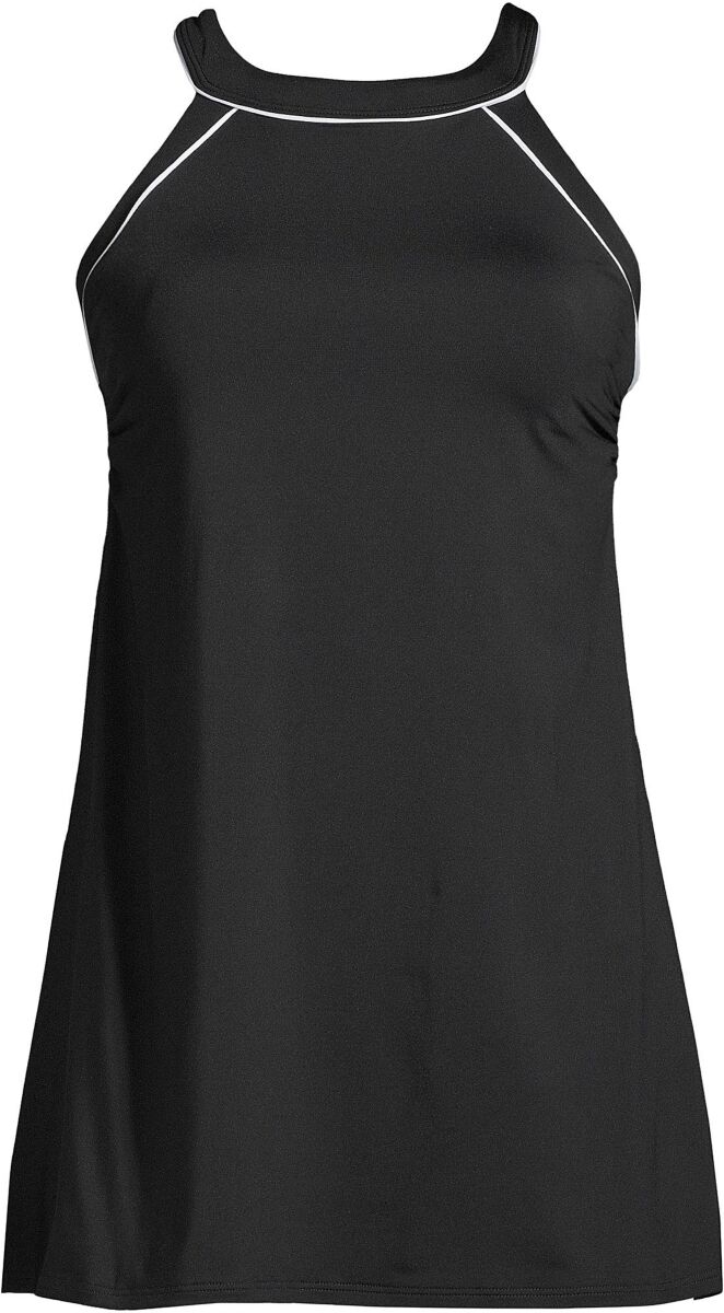 Lands' End Women's D-Cup High Neck Swim Dress One Piece Swimsuit Adjustable Straps - Black/white