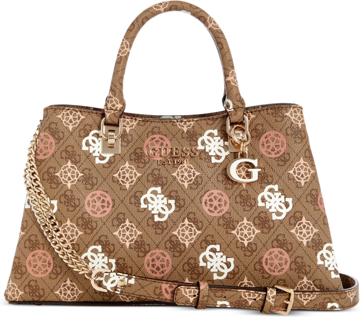 Guess Eliette Logo Medium Girlfriend Satchel - Latte Logo Multi