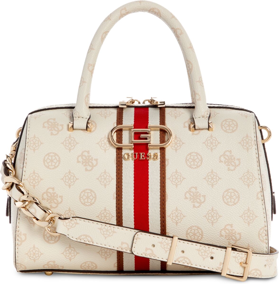 Guess Nelka Monogram Small Box Satchel - Cream Logo