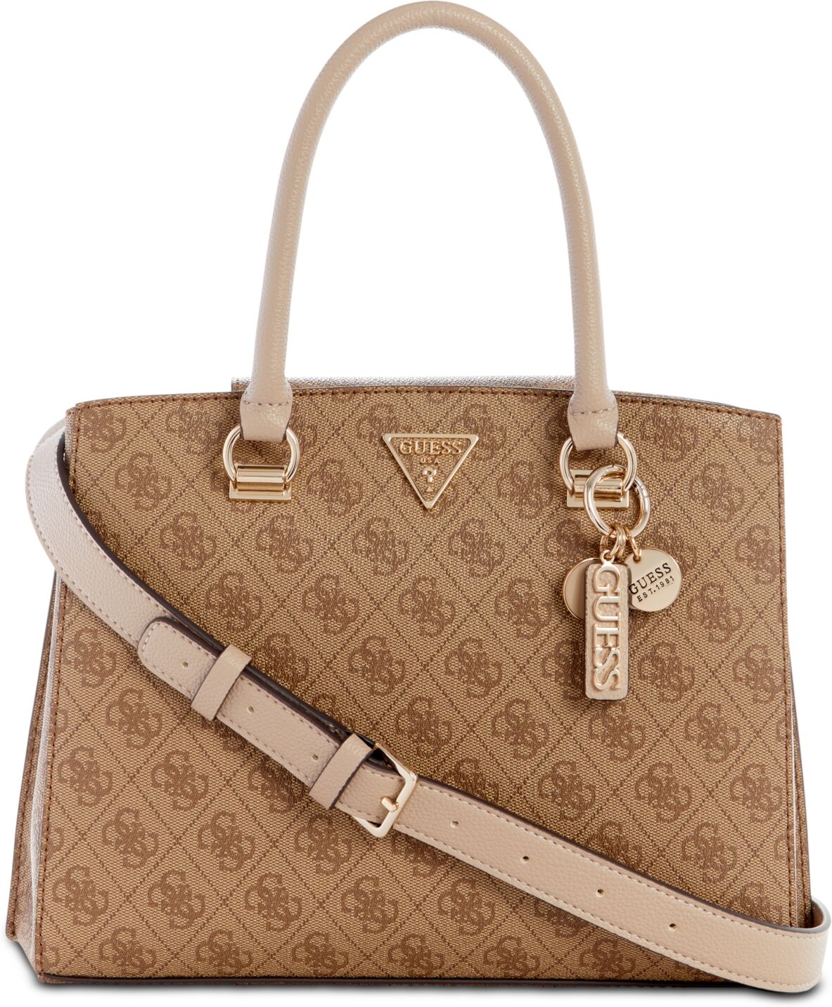 Guess Noelle Girlfriend Medium 4G Basique Monogram Satchel - Latte Logo