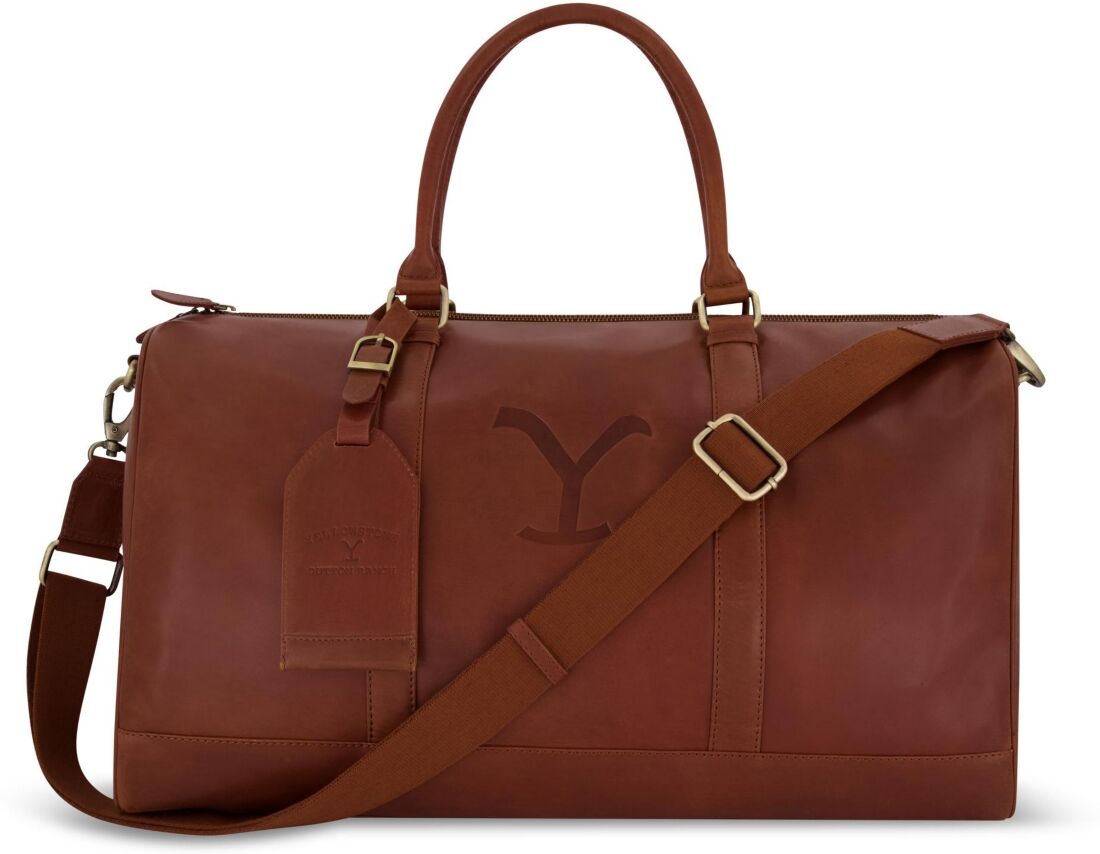 Yellowstone Men's Genuine leather 21 inch bag duffle, with burnished gold detailing. - Brown