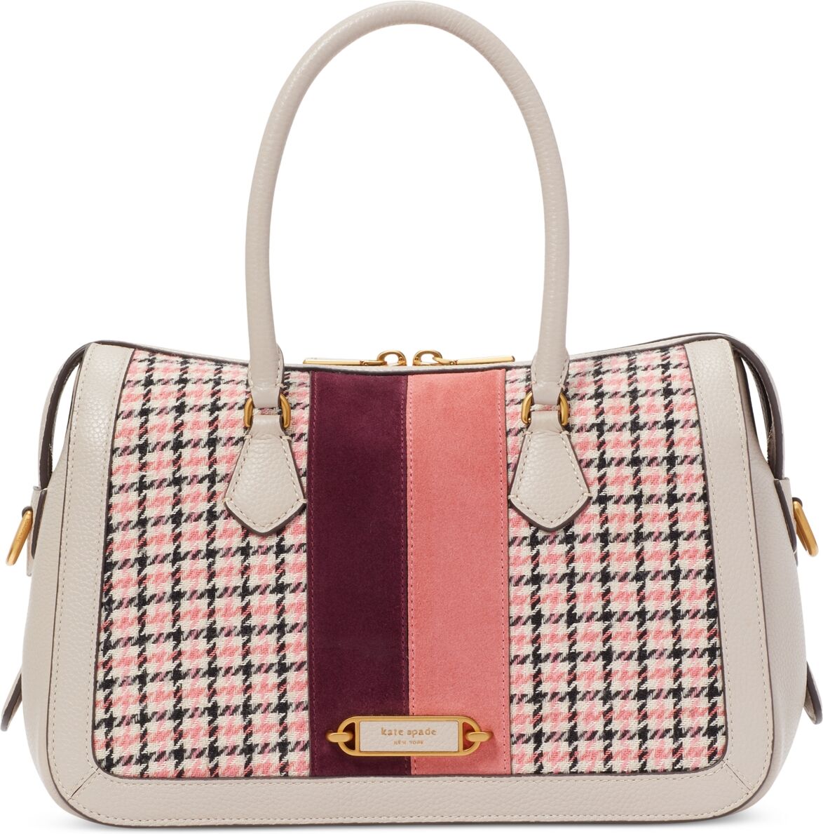 kate spade new york Gramercy Racing Stripe Plaid Twill Fabric Small Satchel - Mushroom Multi.