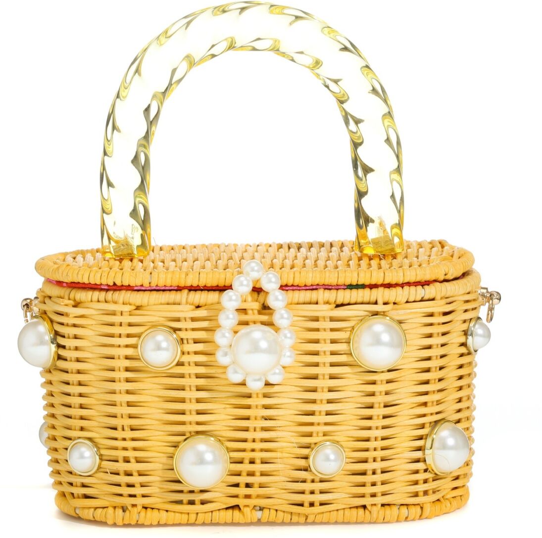 Milanblocks Women's Top Handle Wicker Imitation Pearl-Embellished Mini Bag - Yellow