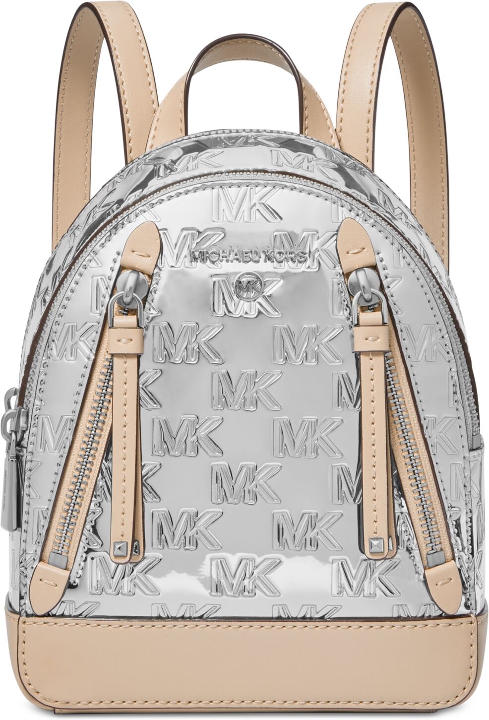 Michael Kors Michael Michael Kors Brooklyn Logo Embossed Patent Extra Small Convertible Crossbody Backpack - Silver