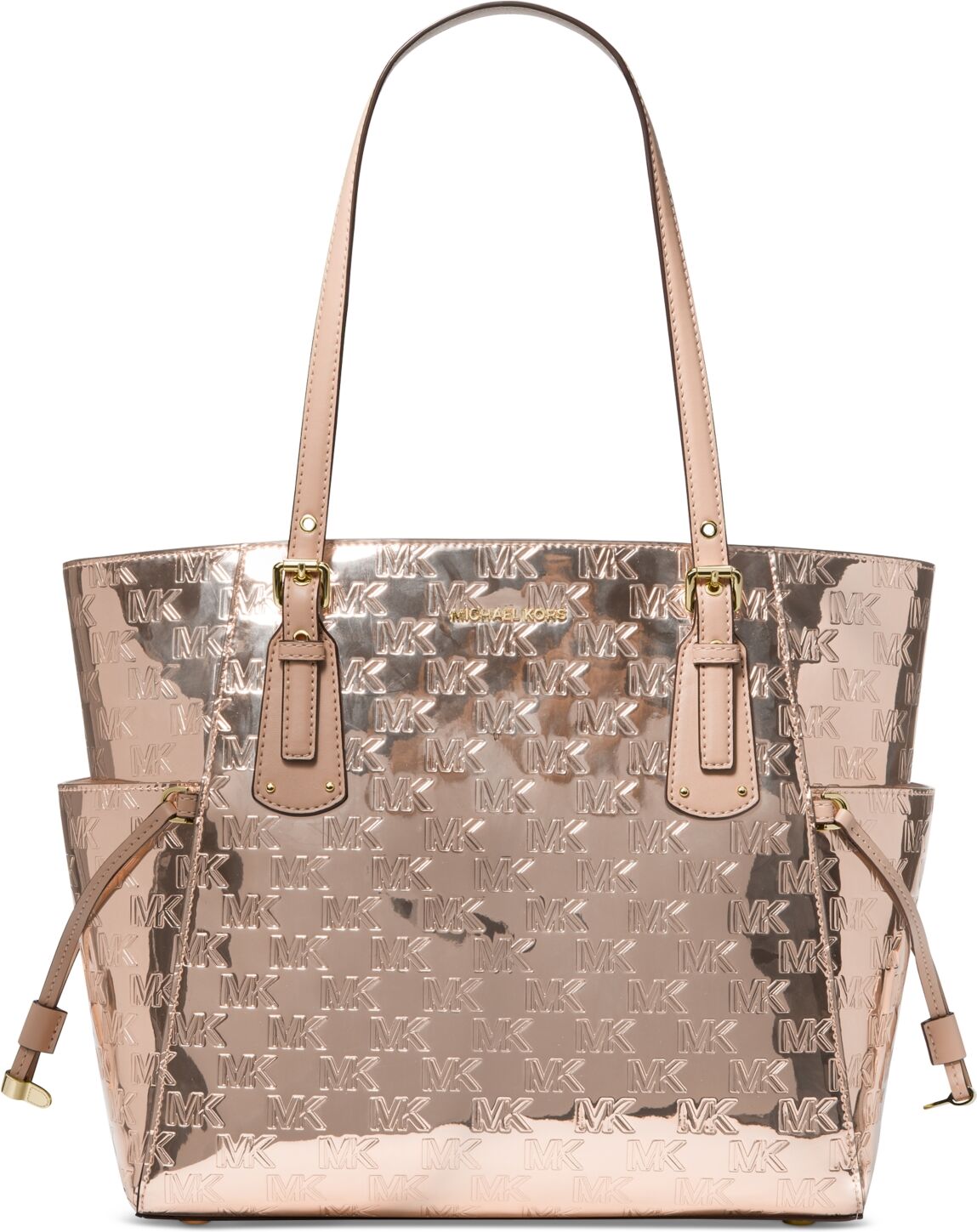 Michael Kors Michael Michael Kors Voyager Logo Embossed Patent Large East West Tote - Rose Gold