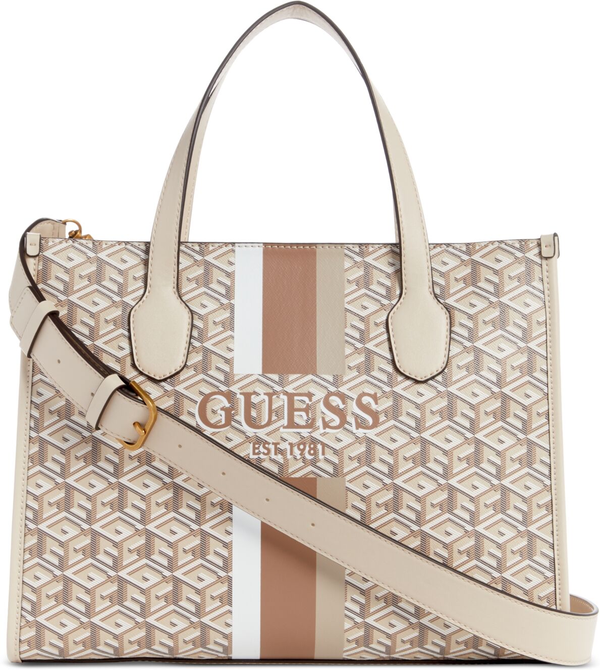 Guess Silvana Small Monogram Double Compartment Tote - Sand Logo