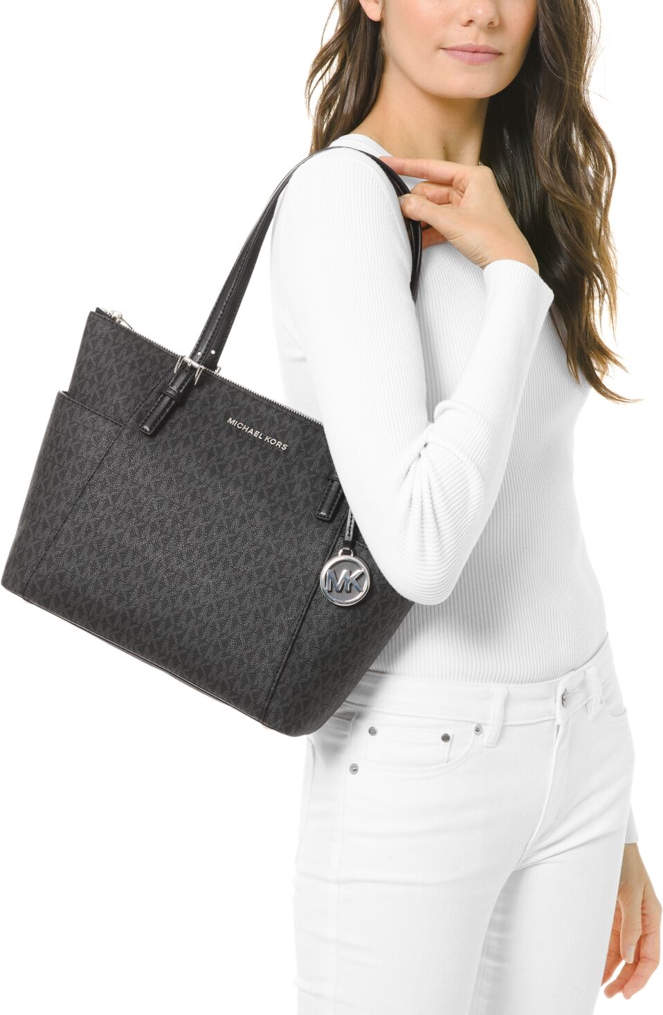 Michael Kors Michael Michael Kors Logo Jet Set East West Top Zip Tote - Black/Black/Sliver