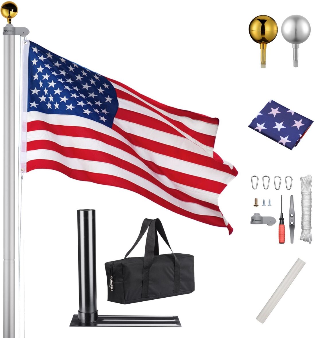 Yescom 25FT Aluminum Flagpole Kit with Tire Mount Base Flag Ball Top Travel Car - Natural