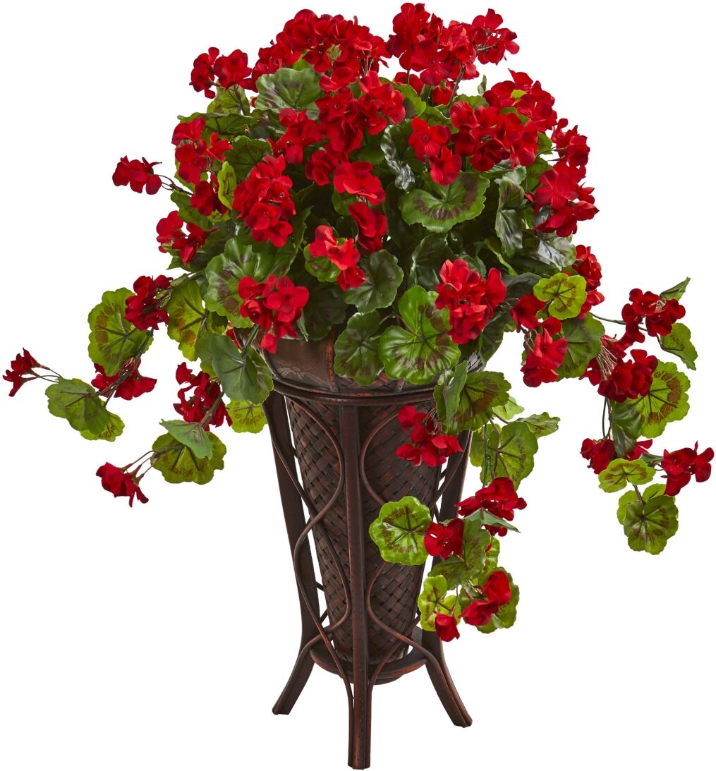 Nearly Natural Geranium Artificial Plant in Stand Planter - Red