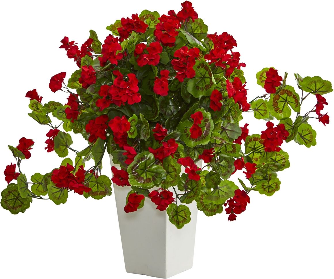 Nearly Natural Geranium Artificial Plant in White Tower Planter - Red