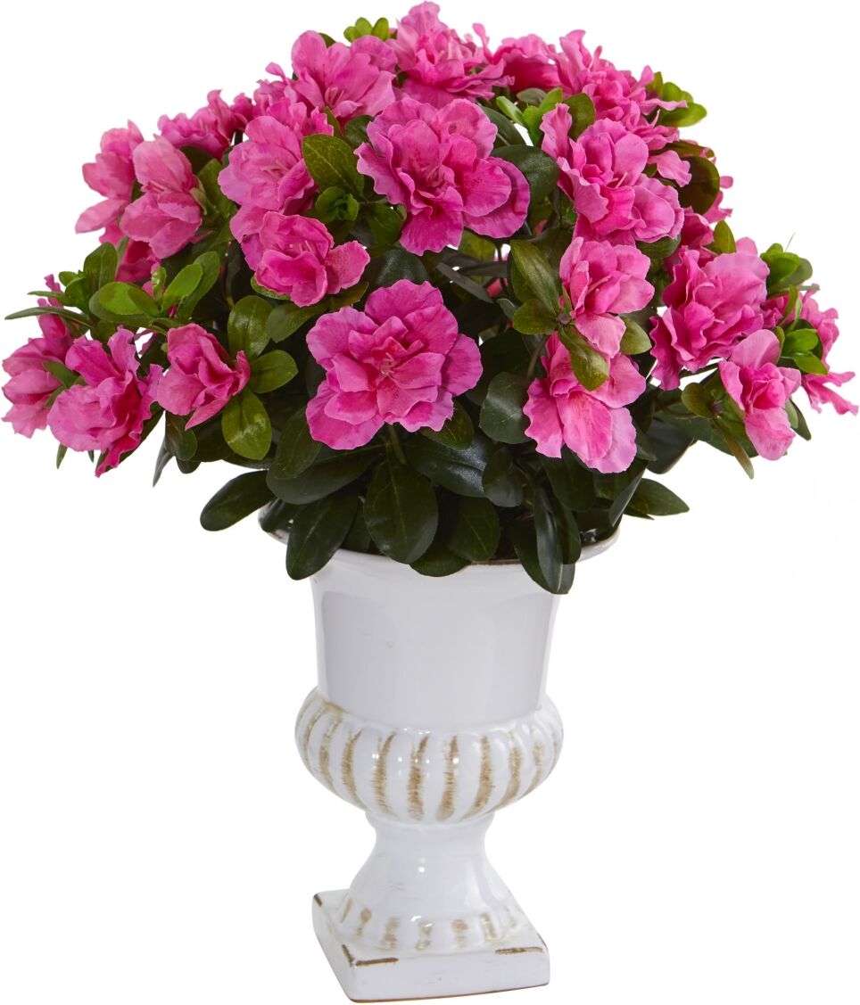 Nearly Natural Azalea Artificial Plant in White Urn - Pink